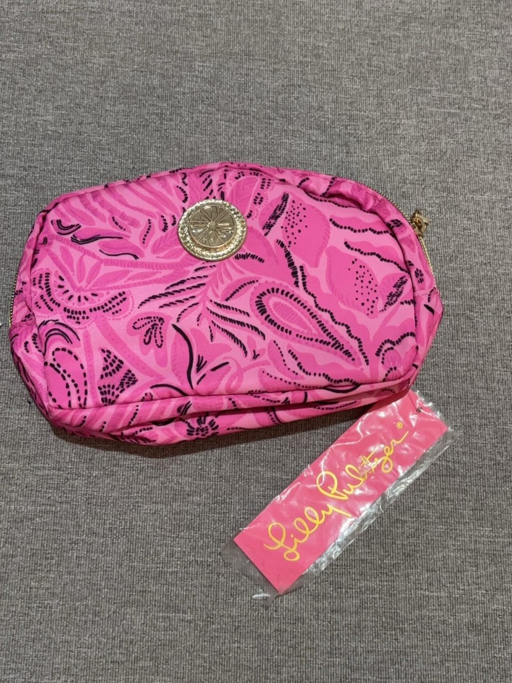 Lilly Pulitzer Hot Pink Patterned Cosmetic Pouch with Gold Emblem